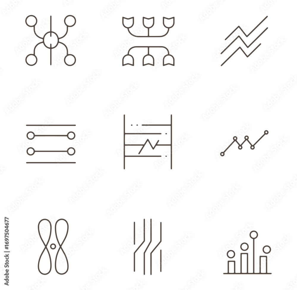 Poster collection of minimalist outline icons representing data analysis and business analytics concepts
