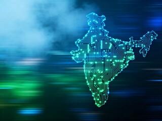 Abstract visualization of India's map as a glowing digital data and communication network