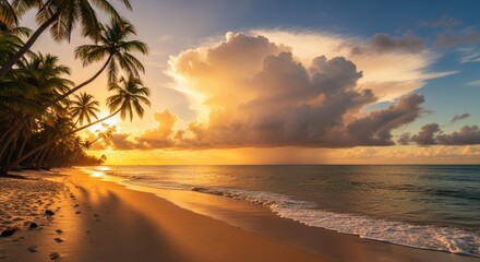 Tropical beach. Palm trees on sandy island in the ocean. 