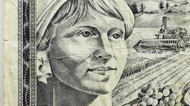 Close pan of Yugoslav 1000 dinara note showing female portrait and tractor in fields