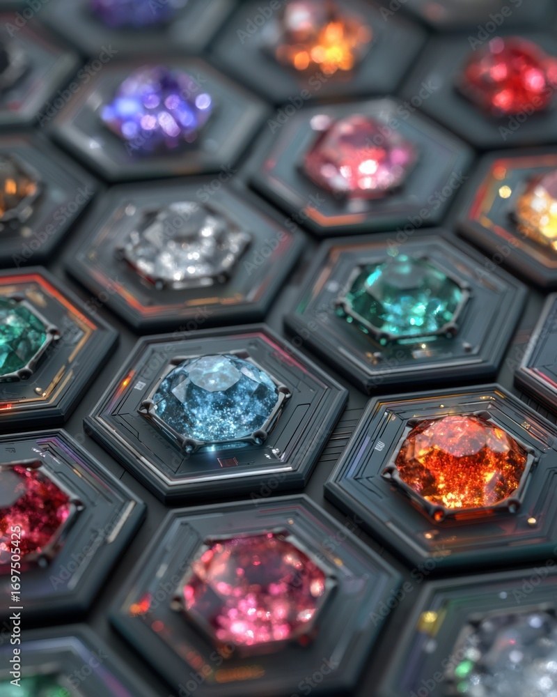 Poster colorful hexagonal gems on dark background with reflections and depth, ideal for creative design pro