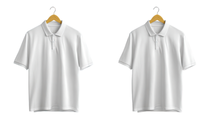 Two identical white polo shirts hanging on wooden hangers