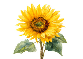 Fototapeta premium Yellow sunflower on isolated white background, waterolor botanical illustratio, hand drawing, summer floer
