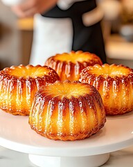 French Canele with Warm Cafe Background with blurry cafe barista in background, shallow depth of field focusing sharply on glossy pastry surface