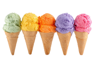 Colorful ice cream cones in a row.  Five ice cream scoops,  pastel shades of green, yellow, orange, purple, and pink, sit atop light brown waffle cones against a black background