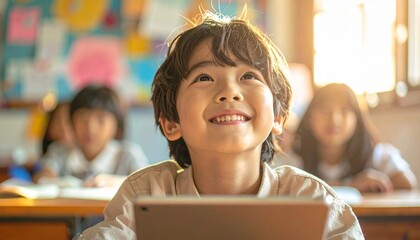 タブレットで勉強をする小学生の男の子