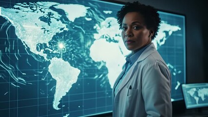 Scientist points at global map data analyzing worldwide pandemic risks. Technology solution, climate change research. Big data, business analytics, science, health, research. - Powered by Adobe
