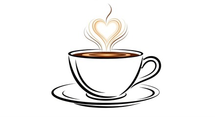 Obraz premium A steaming cup of coffee with heart shaped steam rising from the cup on a white background