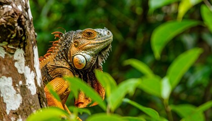 Obraz premium Iguana perched on a tree trunk in a lush jungle