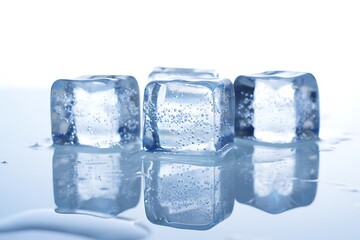 Melting ice cubes with water drops on glass surface. Transparent, crystal clear cubes convey freshness, purity, and cool beverage concept, perfect for summer drinks, cocktails, and bar theme