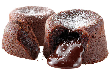Two warm, molten chocolate cakes, dusted with powdered sugar, one sliced open to reveal a gooey, rich chocolate center