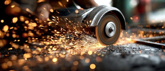 An angle grinder cutting metal, creating sparks in a workshop with dark, gritty surfaces. Operator visible but blurred, focused on the process