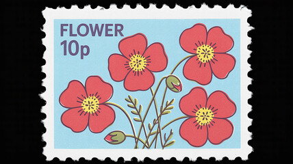 Obraz premium A close-up of a vintage postage stamp displaying a beautiful botanical illustration of red and yellow flowers on a sky-blue backdrop