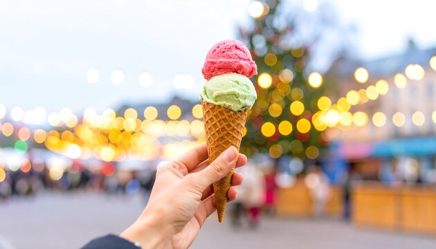 Hand holding ice cream cone at Christmas market