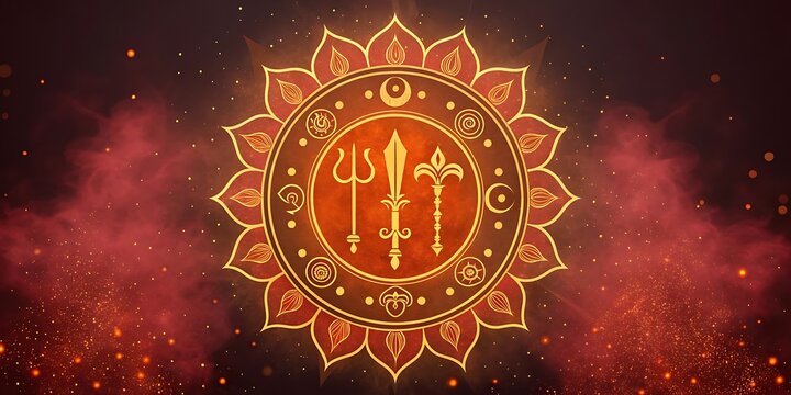 Sacred symbol of Trishul, khanda, and Talwar within a radiant lotus mandala, glowing with divine energy and surrounded by fire sparks, representing power and protection.