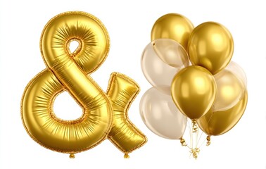 Golden foil ampersand balloon next to bunch of gold and translucent balloons on a white background