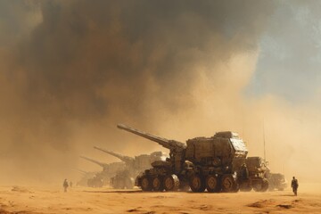 Military vehicles lined up in desert landscape with dust storm and dramatic sky under harsh sunlight conditions