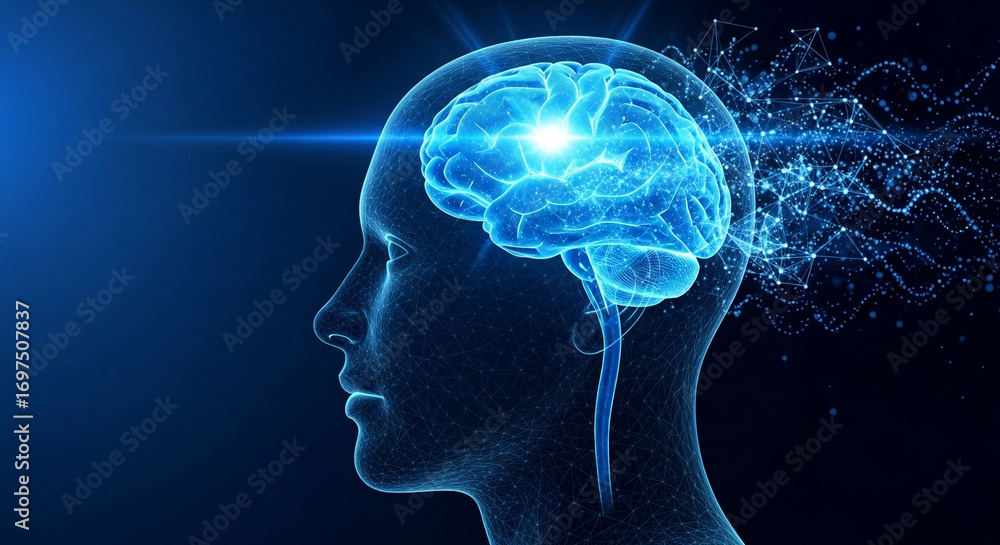 Poster brilliant mind illuminated by glowing neural network and data streams symbolizing innovation and tho