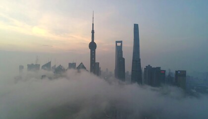 Misty cityscape sunrise