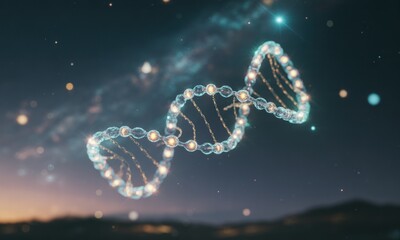 DNA double helix, glowing, cosmic backdrop