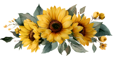 Sunflower clip art. Watercolor floral illustration. rame and bouquet. Yellow fowers for rustic wedding dsign, thanksgiving decoraton, greeting cards. Elemens isolated on transparent ackground
