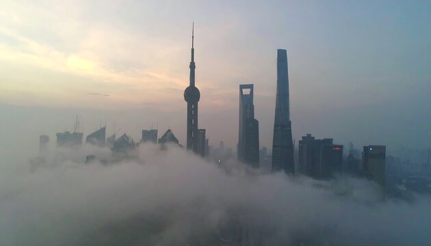 Misty cityscape sunrise