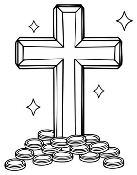 Christian Cross Symbol of Faith on a Treasure of Coins Outline Drawing