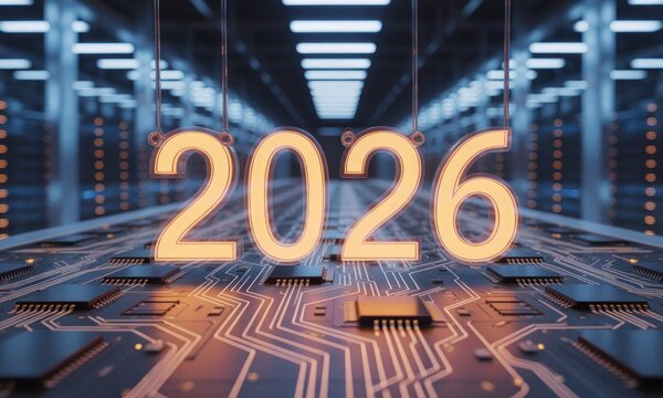 Futuristic server room, 2026. Year highlighted on circuit board floor