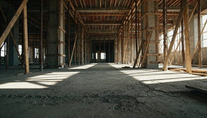 Obraz premium Construction site: A symmetrical perspective of an unfinished building, showcasing the framework of wooden beams and concrete pillars, embodying the raw.