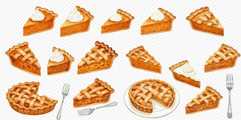 A collection of watercolor illustrations of pumpkin and apple pies, featuring whole pies and slices with lattice crusts and whipped cream.