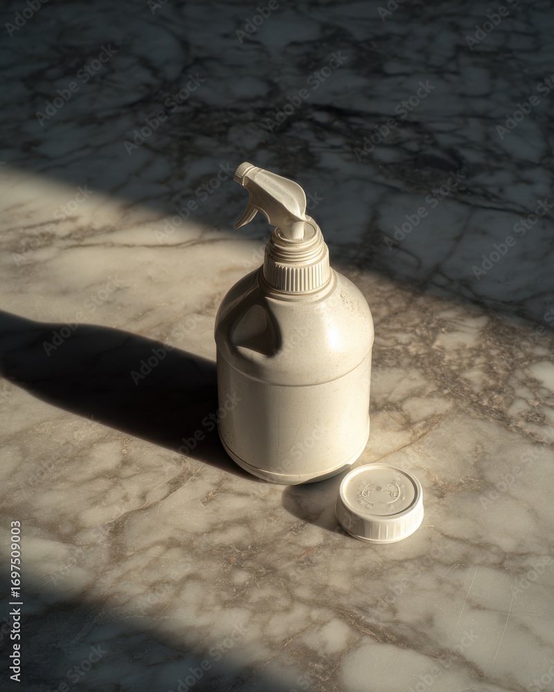 Poster white spray bottle on marble surface with soft shadows and natural light highlighting unique texture