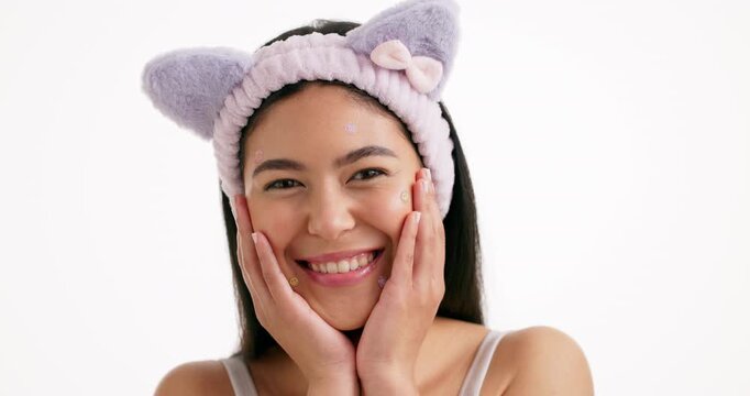 Face, woman and smile for skincare in studio with beauty, pimple patches and acne treatment. Portrait, person and cosmetics with mockup space, facial healing and blemish recovery on white background