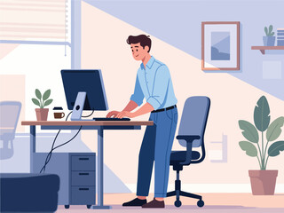 Flat Design of Office Employee Using Standing Desk - Flat 2D Vector Illustration
