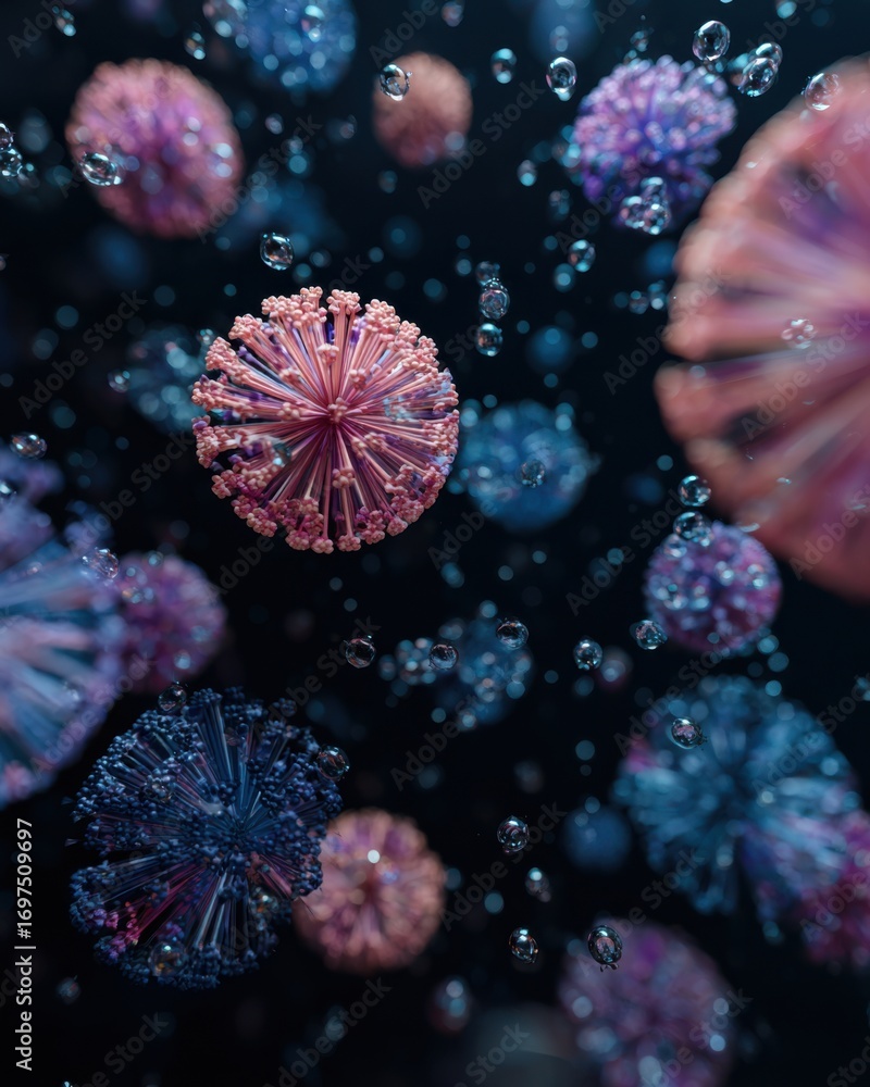 Poster abstract representation of colorful virus particles in a dark environment with bubbles, showcasing s