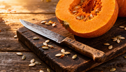 Pumpkin Prep: A close-up captures the preparation of a fresh pumpkin, with a large, halved pumpkin and a knife on a weathered wooden surface, depicting the essence of autumn harvest.