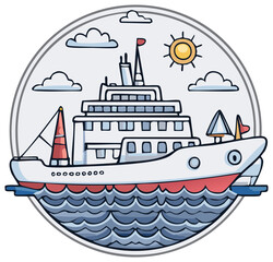 Cartoon style cruise ship sailing on ocean waves under a sunny sky summer travel vacation illustration