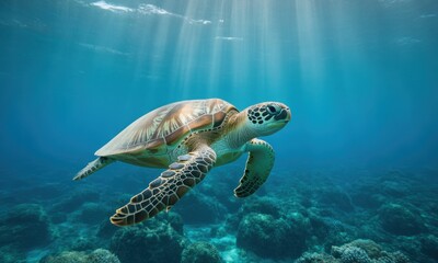 Obraz premium Sea turtle swimming in sunlit ocean