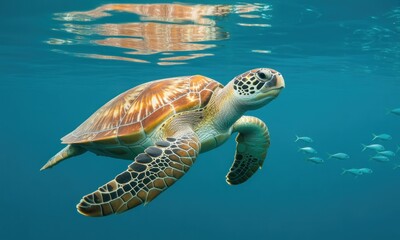 Fototapeta premium Sea turtle swimming underwater, surrounded by small fish. Clear water reflects light