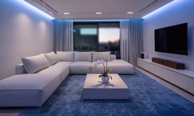 Fototapeta premium Modern living room with a sectional sofa, a large screen TV, and ambient lighting