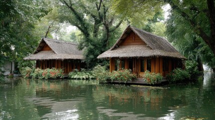Obraz premium Two wooden houses on stilts over a calm water canal, lush green trees