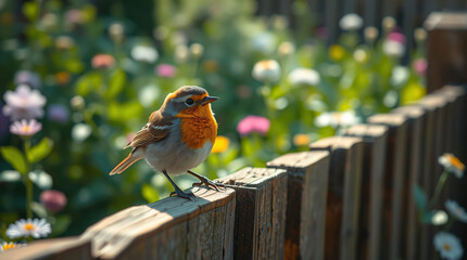 Nature's Quiet Watch: A Small Bird's Vigil on a Rustic Wooden Fence Under the Sun