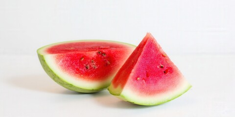 Two juicy slices of watermelon isolated against a clean white backdrop, perfect for summer.