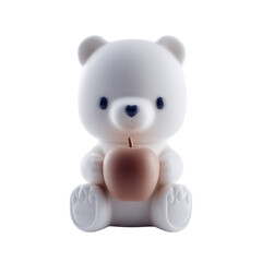 Obraz premium White cartoon bear character sitting holding a brown apple 3D render isolated on black