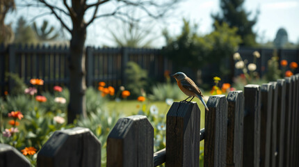 Idyllic Rural Scene with a Bird and a Blurred Background of a Lush Garden