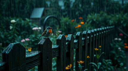A Tiny Robin Braving the Rain on a Wooden Picket Fence, With a Moody, Dark Garden in the Background