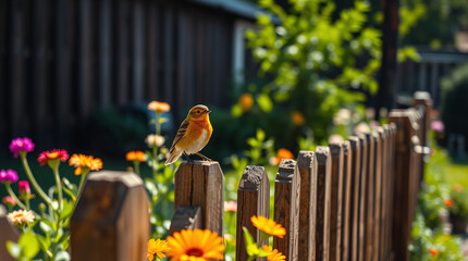 Idyllic Garden Scene with a European Robin and a Variety of Colorful Flowers in Full Bloom