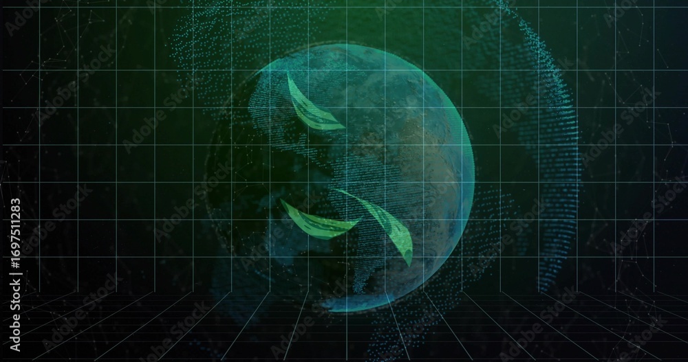Aufkleber hovering translucent data sphere rotating over dark grid floor, with orbiting curved green shapes