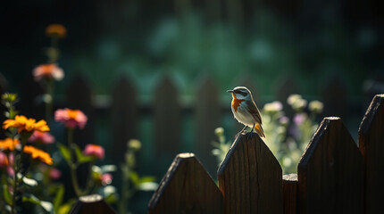 Tranquil Evening Scene with a Robin Silhouetted Against a Dark, Mystical Garden Background