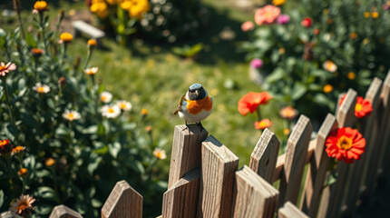 Bright Summer Morning with a Bluebird and Vibrant Flowers in a Lush Garden Setting