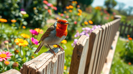 A Striking European Robin Perched on a Garden Fence Surrounded by a Sea of Vibrant Flowers